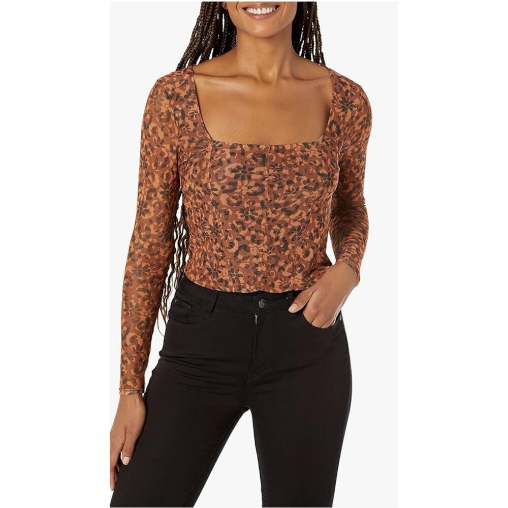 NWT Steve Madden Women’s Hayden Long Sleeve Sheer Brown Square Neck Top - Sz 2X - Picture 2 of 9